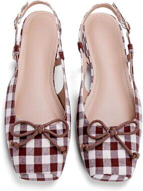 Women Brown Tartan Slingback Square Toe Bow Knit Ankle Buckle Satin Ballet Flats